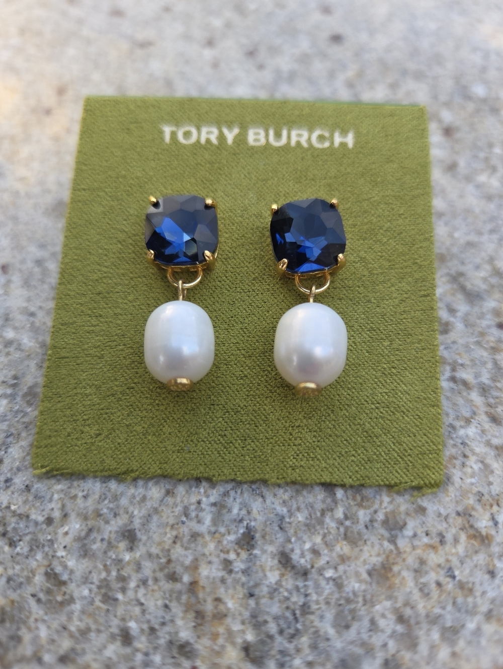 Tory Burch Blue Crystal & Pearl Drop Earrings – Gold Tone